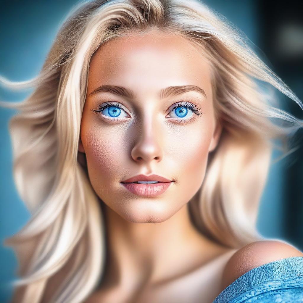 A high-quality, realistic digital art image displays a blonde Instagram model taking a selfie