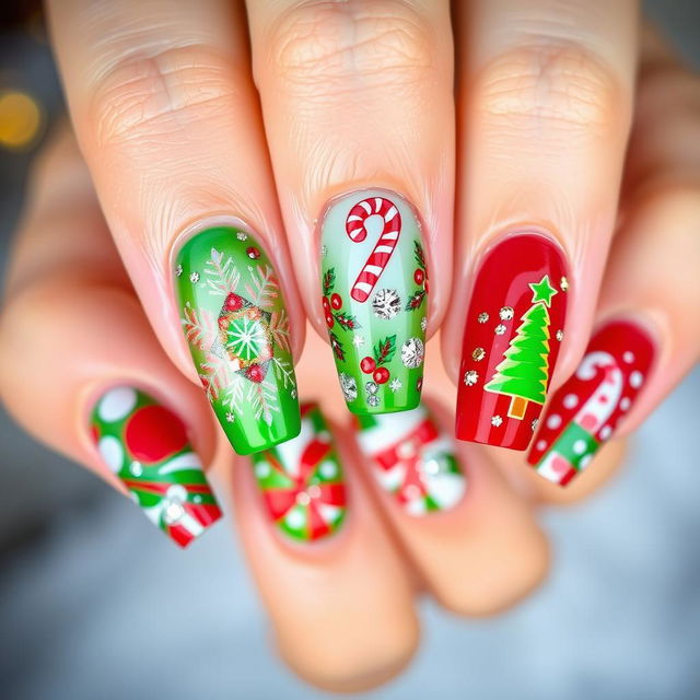 A beautifully decorated set of Christmas-themed nails featuring a vibrant green and red color palette