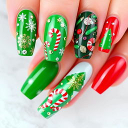 A beautifully decorated set of Christmas-themed nails featuring a vibrant green and red color palette