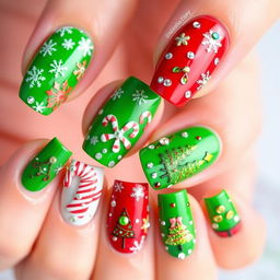 A beautifully decorated set of Christmas-themed nails featuring a vibrant green and red color palette