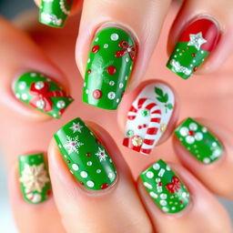 A beautifully decorated set of Christmas-themed nails featuring a vibrant green and red color palette