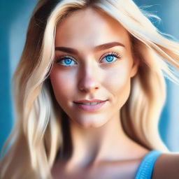 A high-quality, realistic digital art image displays a blonde Instagram model taking a selfie