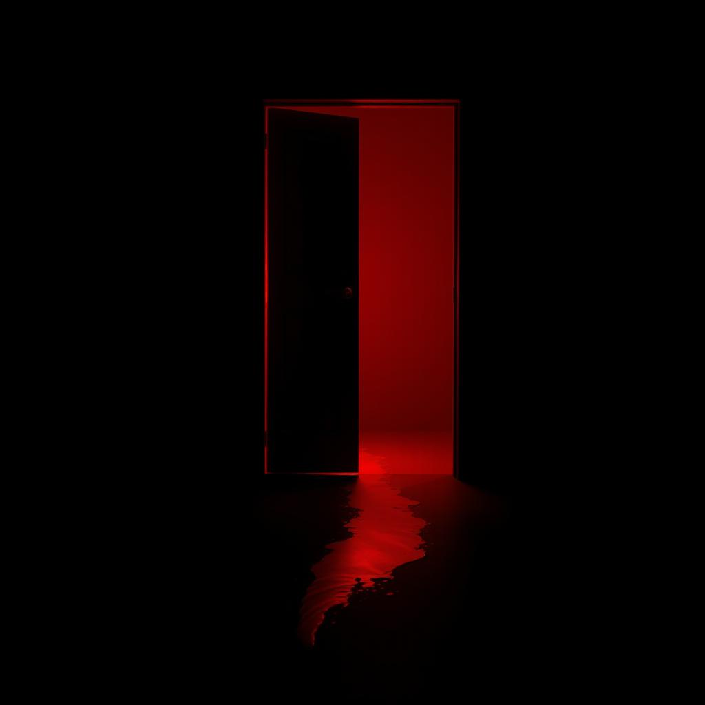 A black dark room with a moderately open door, emitting a vibrant red light that spills into the room