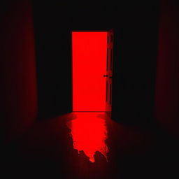 A black dark room with a moderately open door, emitting a vibrant red light that spills into the room