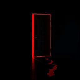 A black dark room with a moderately open door, emitting a vibrant red light that spills into the room