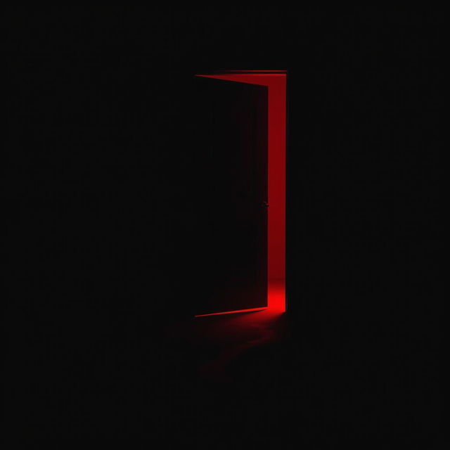 A black dark room with a moderately open door, emitting a vibrant red light that spills into the room