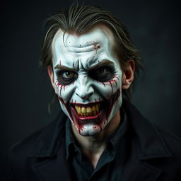 A gruesome and frightening character featuring a 'kill face' with pale white grease paint that appears uneven and unsettling