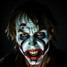 A gruesome and frightening character featuring a 'kill face' with pale white grease paint that appears uneven and unsettling