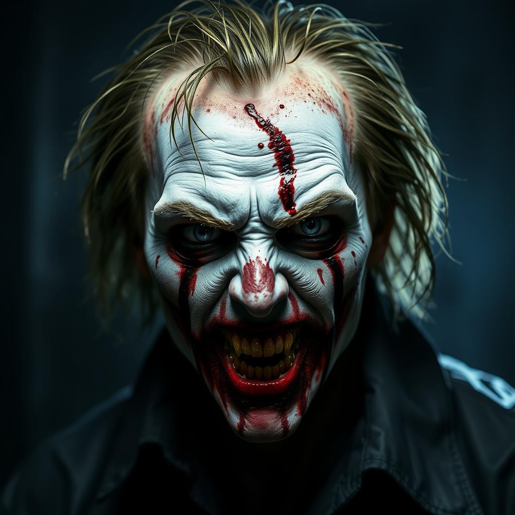 A gruesome and frightening character featuring a 'kill face' with pale white grease paint that appears uneven and unsettling