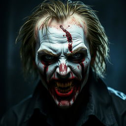 A gruesome and frightening character featuring a 'kill face' with pale white grease paint that appears uneven and unsettling