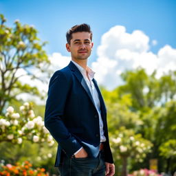 A clear image of a man standing confidently in a bright, sunny park