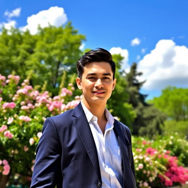 A clear image of a man standing confidently in a bright, sunny park