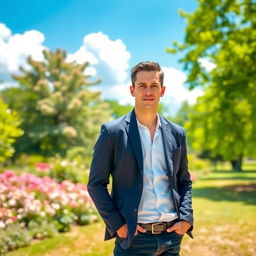 A clear image of a man standing confidently in a bright, sunny park