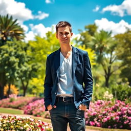 A clear image of a man standing confidently in a bright, sunny park
