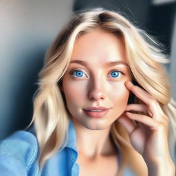 A high-quality, realistic digital art image displays a blonde Instagram model taking a selfie