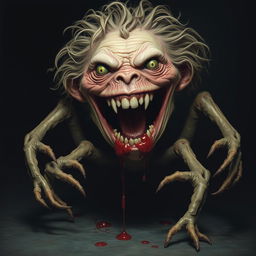 A terrifying monster with six legs and three hands, its normal head featuring seven small eyes that glare menacingly