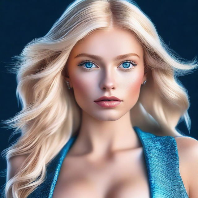 A high-quality, full-body digital art image features a blonde Instagram model with mesmerizing blue eyes