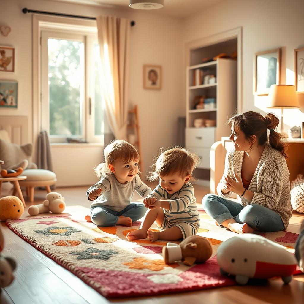 Inside a cozy and safe house with warm lighting, a scene depicting children joyfully playing together on a colorful rug