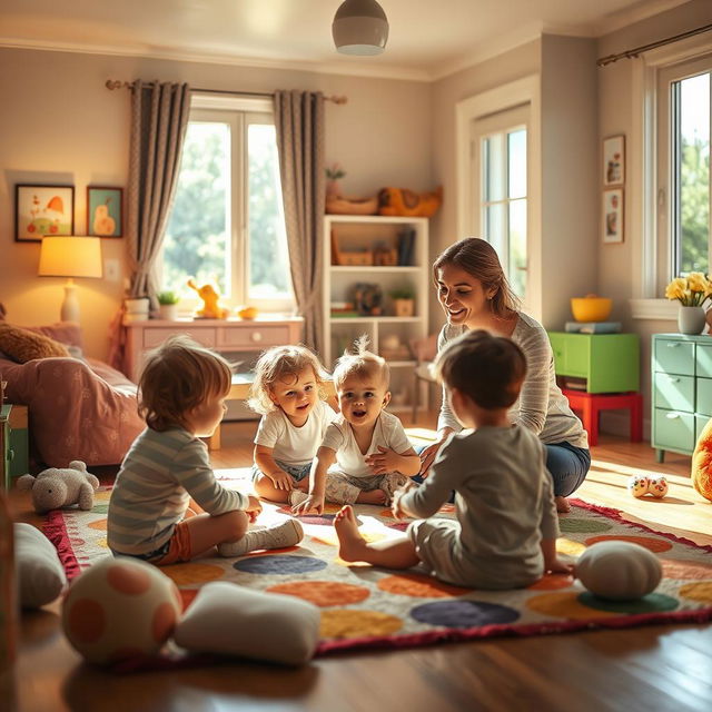 Inside a cozy and safe house with warm lighting, a scene depicting children joyfully playing together on a colorful rug