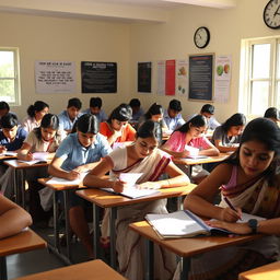 A group of Indian students sitting in an exam room for the UPSC examination during summer