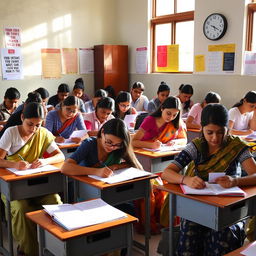 A group of Indian students sitting in an exam room for the UPSC examination during summer