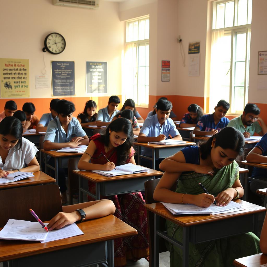 A group of Indian students sitting in an exam room for the UPSC examination during summer