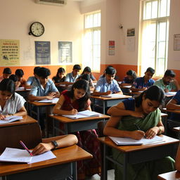 A group of Indian students sitting in an exam room for the UPSC examination during summer