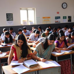 A group of Indian students sitting in an exam room for the UPSC examination during summer