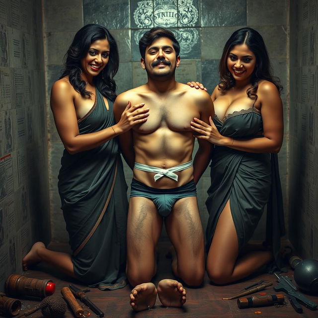 An intense interrogation room scene featuring two stunningly attractive and curvy women dressed in seductive sarees, enhancing their voluptuous figures and cleavage