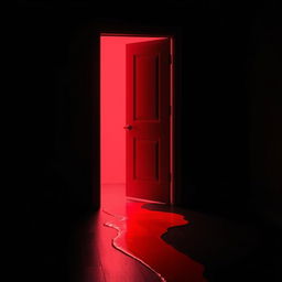 A black dark room featuring a mid-open door, with a vivid red light spilling out from the crack