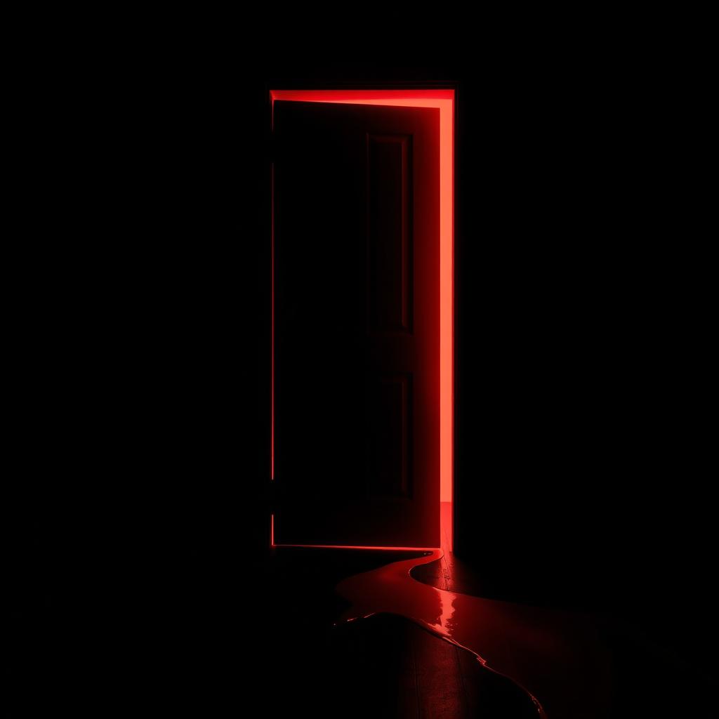 A black dark room featuring a mid-open door, with a vivid red light spilling out from the crack