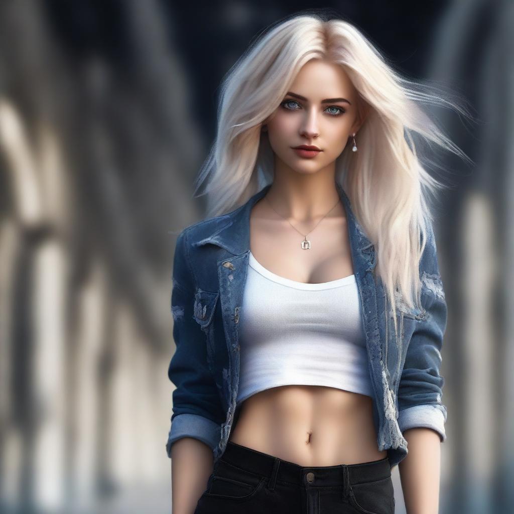 A high-resolution, realistic digital art image presents a full-body portrait of a blonde Instagram model with captivating blue eyes