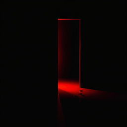 A black dark room featuring a mid-open door, with a vivid red light spilling out from the crack