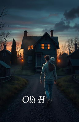 Two friends walking towards a mysterious old house on the edge of town along a less traveled gravel road at dusk