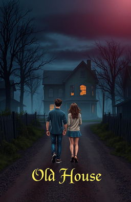 Two friends walking towards a mysterious old house on the edge of town along a less traveled gravel road at dusk