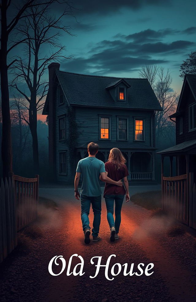 Two friends walking towards a mysterious old house on the edge of town along a less traveled gravel road at dusk