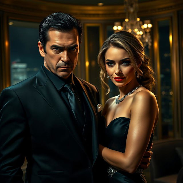 An intense and evocative portrait of a mafia CEO with a powerful presence, dressed in a tailored black suit, standing confidently alongside his elegant wife