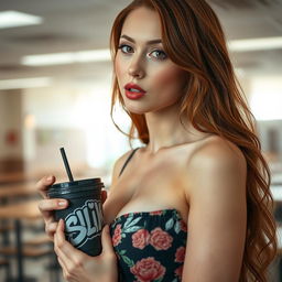 A close-up shot of a gorgeous female redhead featuring a floral pattern sundress, emphasizing her large chest and subtle cleavage