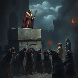 A dramatic and intense scene depicting a medieval king dressed in regal attire, standing atop a stone balcony overlooking a dark, foreboding courtyard