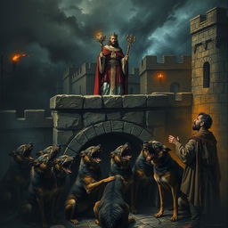 A dramatic and intense scene depicting a medieval king dressed in regal attire, standing atop a stone balcony overlooking a dark, foreboding courtyard