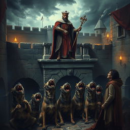 A dramatic and intense scene depicting a medieval king dressed in regal attire, standing atop a stone balcony overlooking a dark, foreboding courtyard