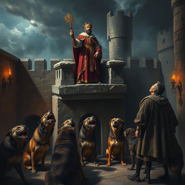 A dramatic and intense scene depicting a medieval king dressed in regal attire, standing atop a stone balcony overlooking a dark, foreboding courtyard