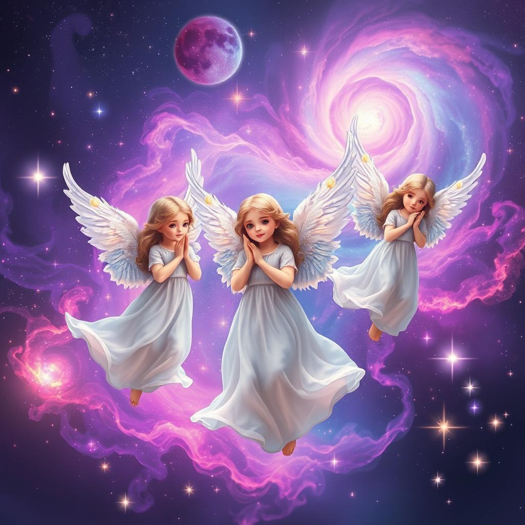 A dreamy galaxy filled with beautiful angels, with sparkling stars and vibrant nebulae in the background