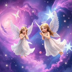 A dreamy galaxy filled with beautiful angels, with sparkling stars and vibrant nebulae in the background