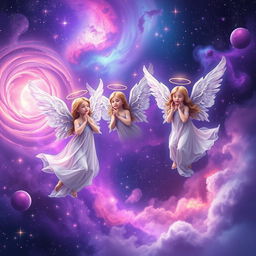A dreamy galaxy filled with beautiful angels, with sparkling stars and vibrant nebulae in the background