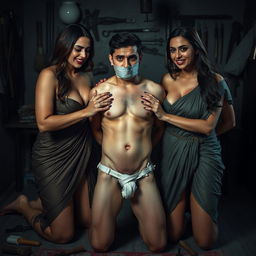 An intense interrogation room scene featuring two incredibly attractive and curvy women dressed in seductive sarees, accentuating their voluptuous figures and alluring cleavage
