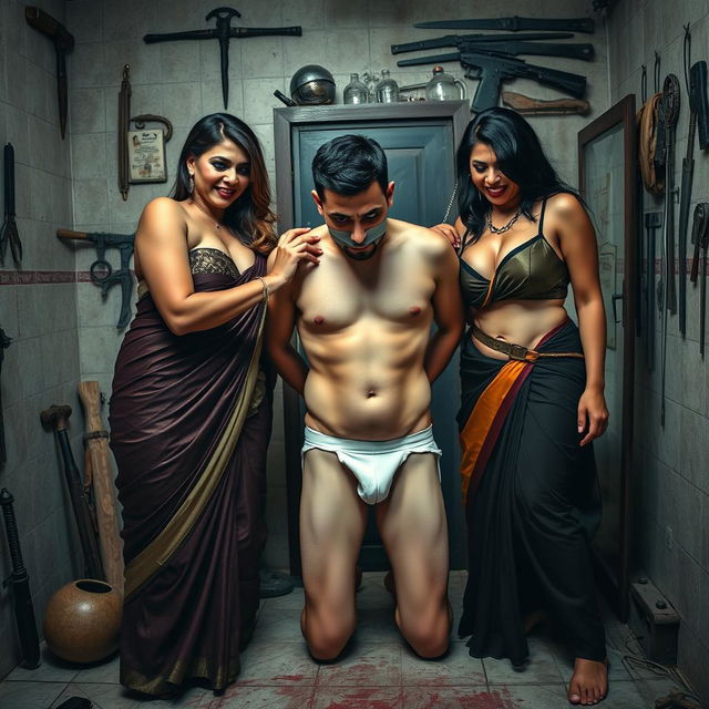 An intense interrogation room scene featuring two incredibly attractive and curvy women dressed in seductive sarees, accentuating their voluptuous figures and alluring cleavage