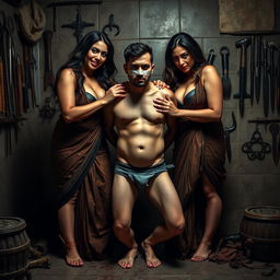 An intense interrogation room scene featuring two incredibly attractive and curvy women dressed in seductive sarees, accentuating their voluptuous figures and alluring cleavage