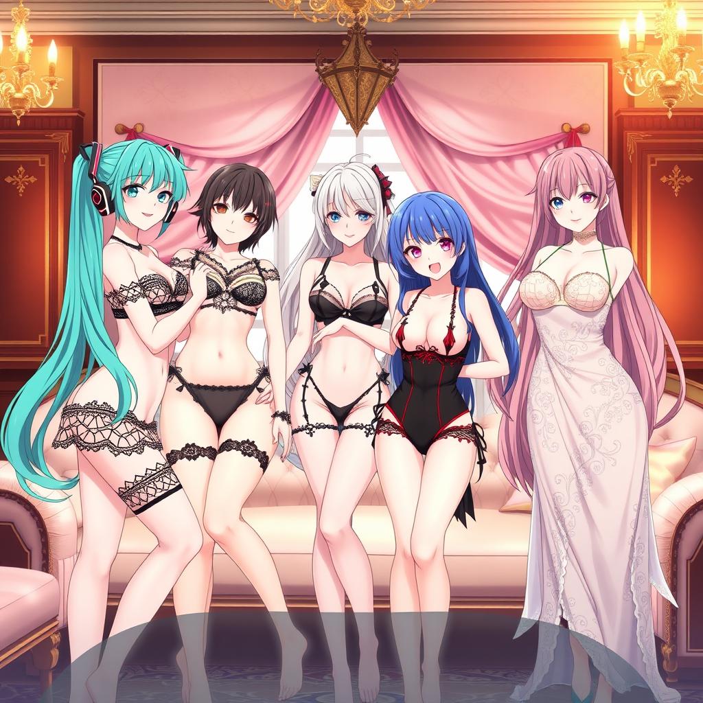 An anime scene featuring six beautiful girls in elegant lingerie, highlighting their unique styles and personalities