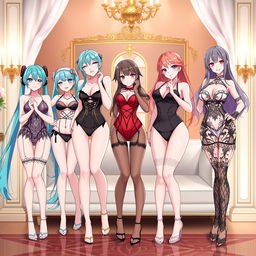 An anime scene featuring six beautiful girls in elegant lingerie, highlighting their unique styles and personalities